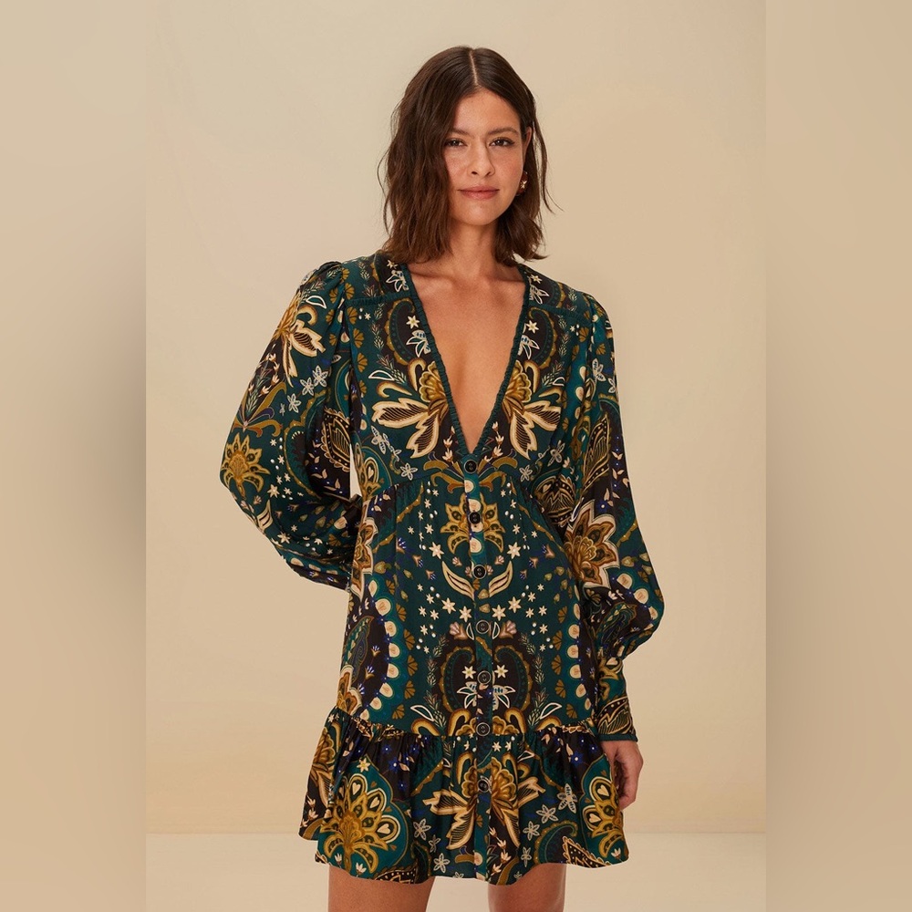 NWT FARM RIO LONG SLEEVE BLACK JAIPUR VISCOSE MINI DRESS PRINTED GREEN BLACK SM